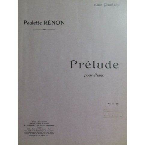 RÉNON Paulette Prélude Piano1921