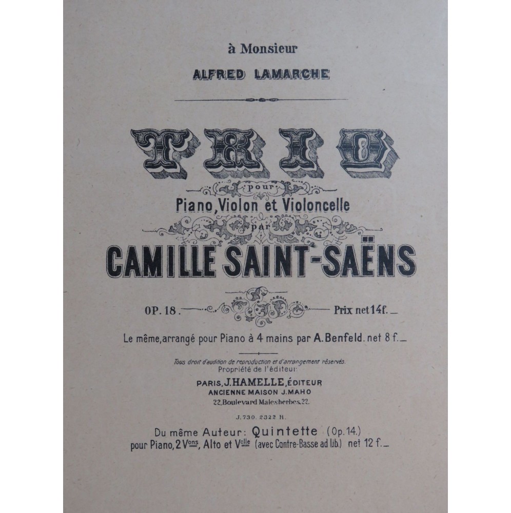 SAINT-SAËNS Camille Trio op 18 Piano Violon Violoncelle