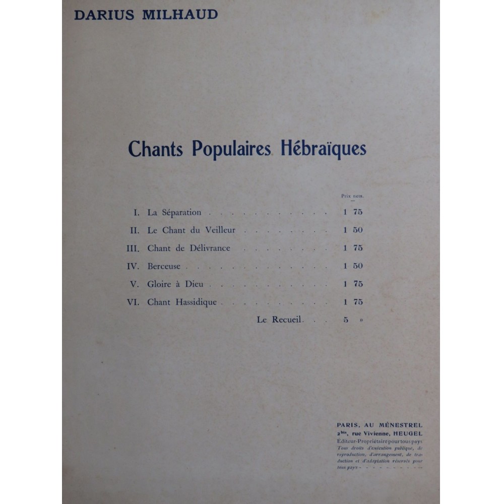 MILHAUD Darius La Séparation Chant Piano 1925