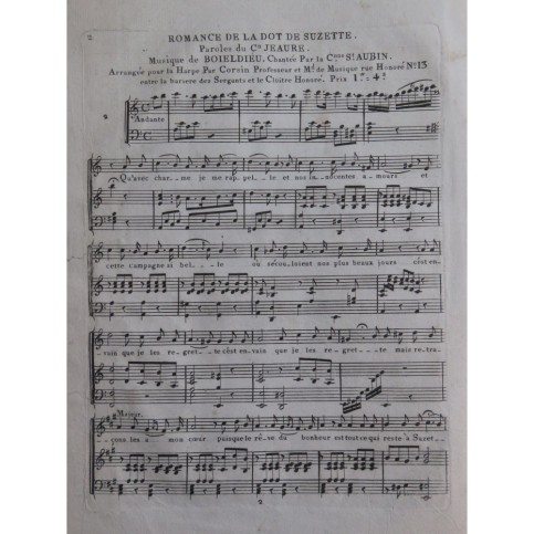 BOIELDIEU Adrien Romance de la Dot de Suzette Chant Harpe ca1820