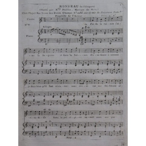 MÉHUL L'Irato ou l'Emporté No 4 Rondeau Chant Piano ca1810