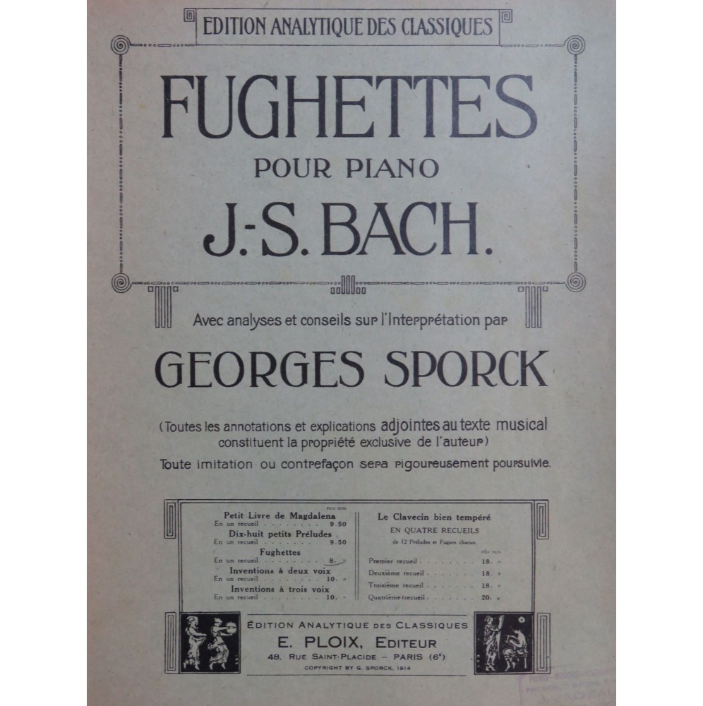 BACH J. S. SPORCK G. Fughettes Analyse Piano