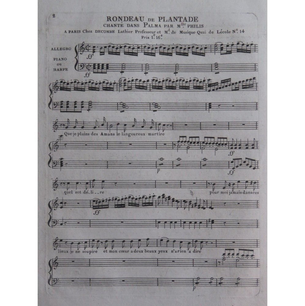 PLANTADE Charles-Henri Palma Rondeau Chant Piano ou Harpe ca1820