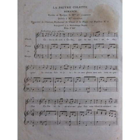 GEORGEON Htte. La Pauvre Colette Chant Piano ou Harpe ca1820