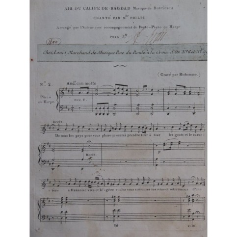 BOIELDIEU Adrien Air du Calife de Bagdad Chant Harpe ou Piano ca1810