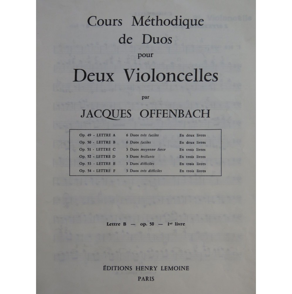 OFFENBACH Jacques Duos faciles op 50 1er Livre pour 2 Violoncelles