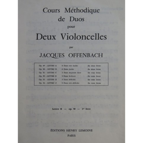 OFFENBACH Jacques Duos faciles op 50 1er Livre pour 2 Violoncelles