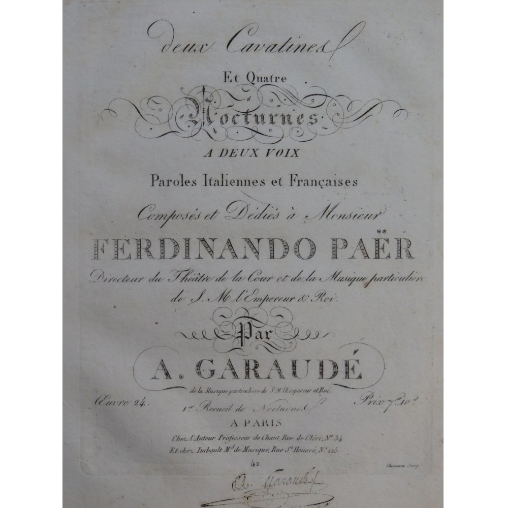 DE GARAUDÉ Alexis Cavatines Nocturnes op 24 Chant Piano ca1820
