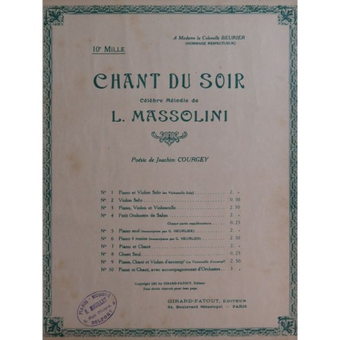 MASSOLINI L. Chant du Soir Chant Piano 1921