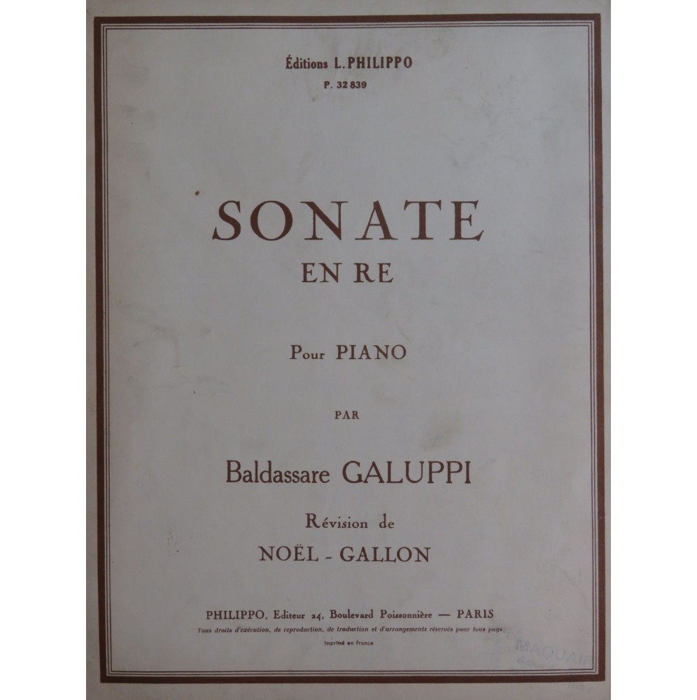 GALUPPI Baldassare Sonate en ré Piano 1930