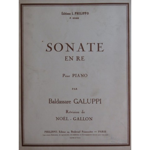 GALUPPI Baldassare Sonate en ré Piano 1930