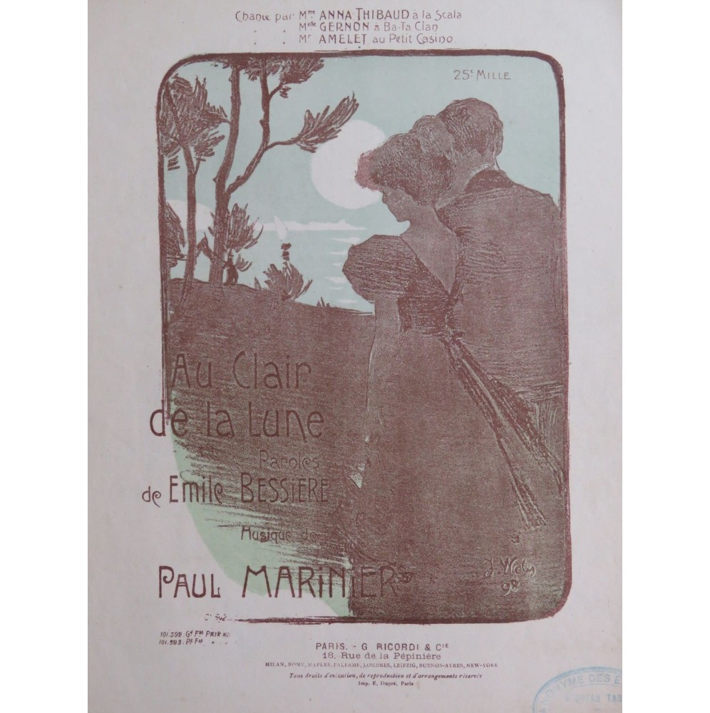 MARINIER Paul Au Clair de Lune Chant Piano ca1910