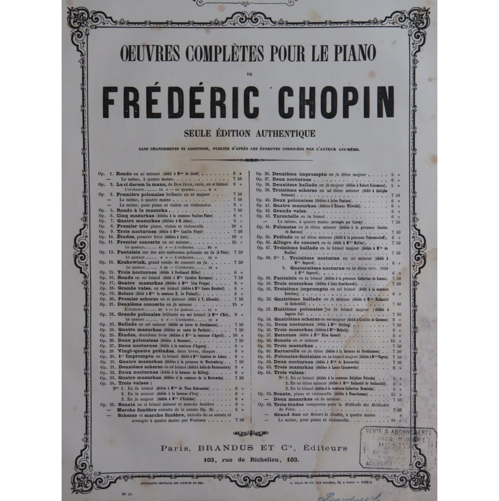 CHOPIN Frédéric Marche Funèbre op 35 Piano ca1880