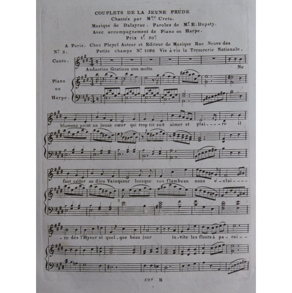 DALAYRAC Nicolas La Jeune Prude No 2 Chant Piano ou Harpe ca1810