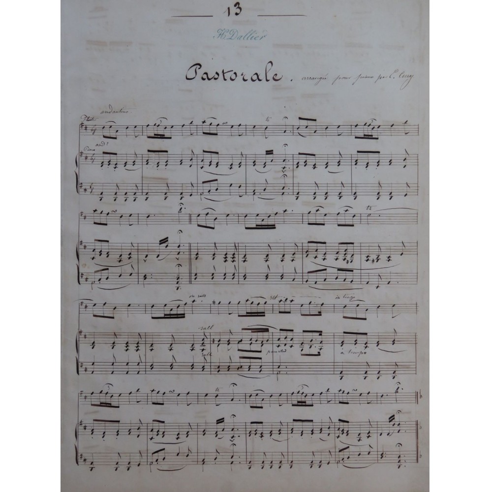 DALLIER Henri Pastorale Manuscrit Piano Flûte