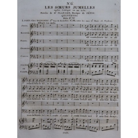 FÉTIS François-Joseph Les Soeurs Jumelles No 6 Chant Piano ou Harpe ca1825