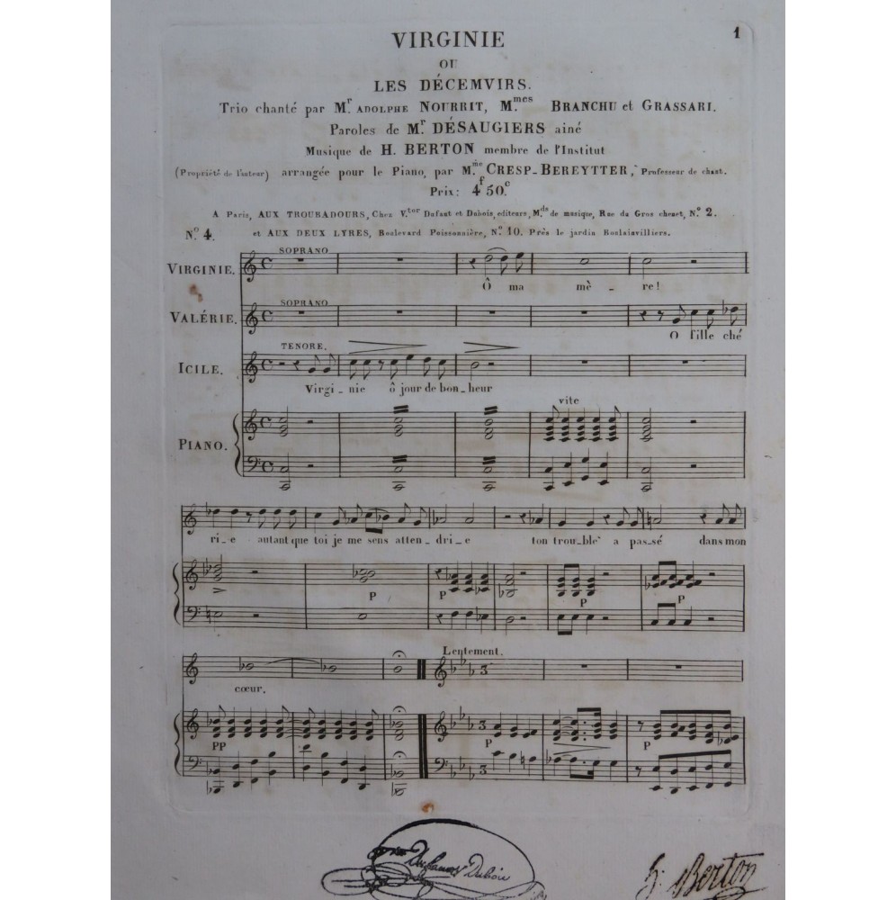 BERTON H. Virginie ou Les Décemvirs NO 4 Chant Piano ca1830