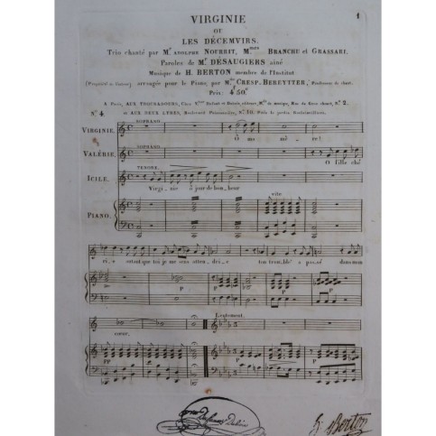 BERTON H. Virginie ou Les Décemvirs NO 4 Chant Piano ca1830