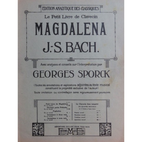 BACH J. S. Le Petit Livre de Clavecin Georges Sporck Piano 1927