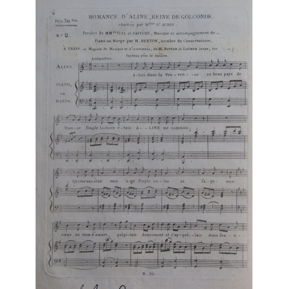 BERTON H. Romance d'Aline No 2 Chant Piano ou Harpe ca1820