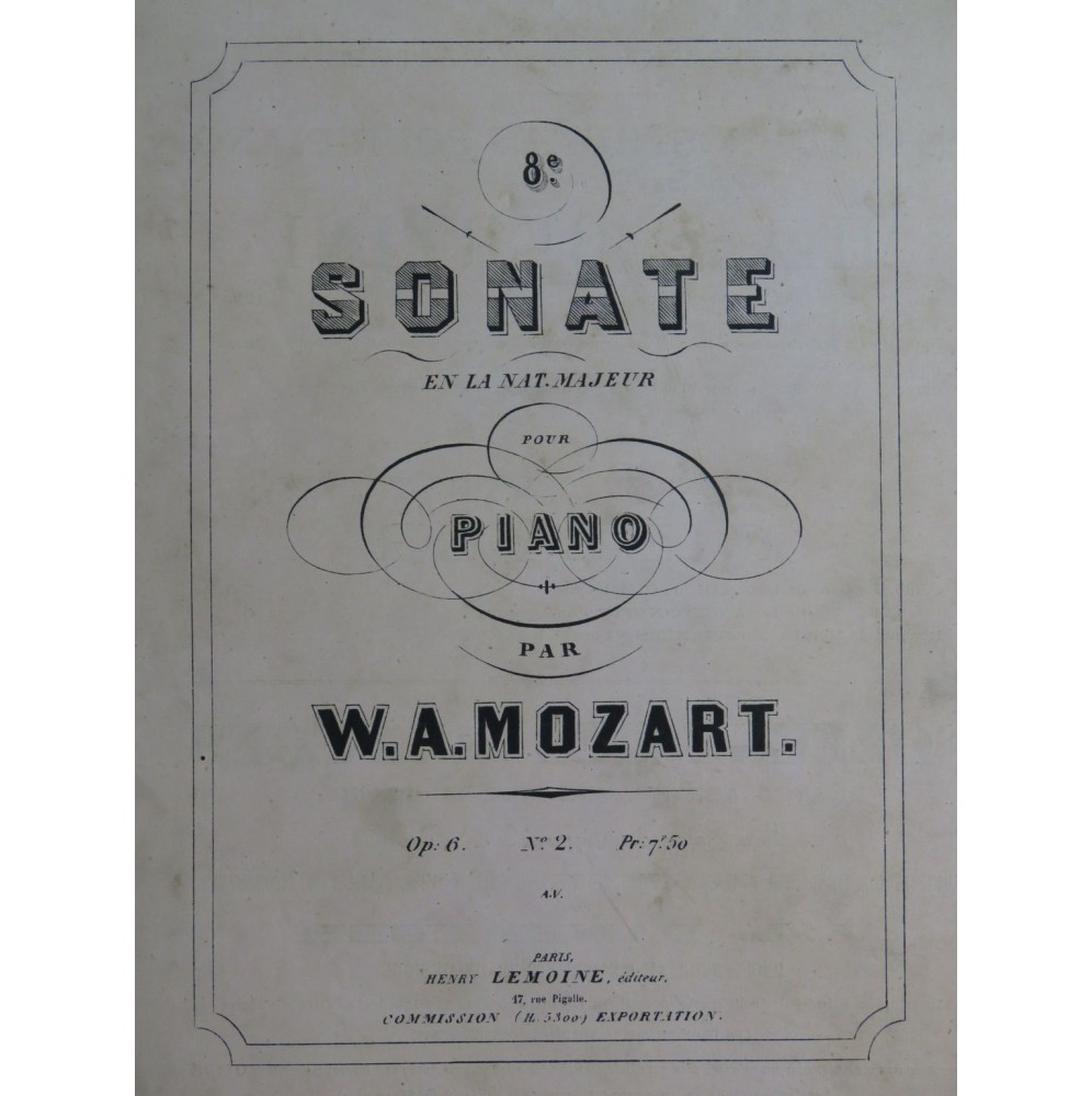 MOZART W. A. Sonate No 8 op 6 Piano ca1860