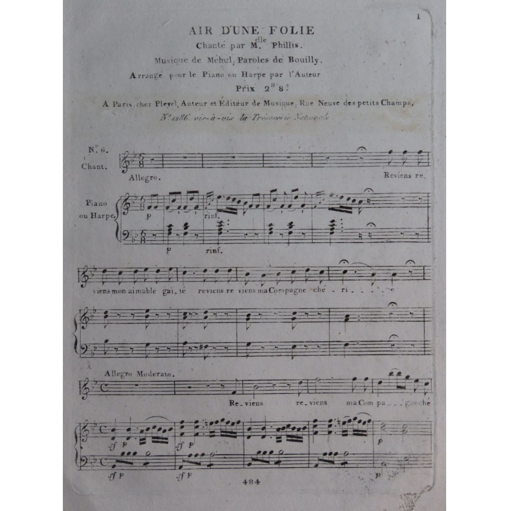 MÉHUL Air d'une Folie Chant Piano ou Harpe ca1810