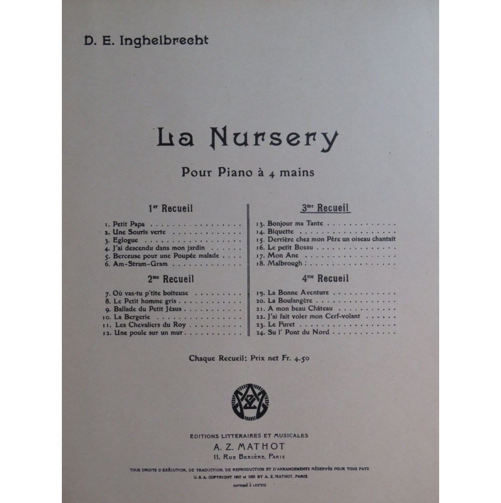 INGHELBRECHT D. E. La Nursery 3e Recueil Piano 4 mains 1921