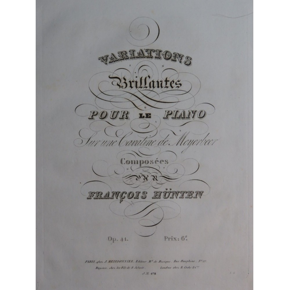 HÜNTEN François Variations Brillantes Op 41 Meyerbeer Piano ca1830