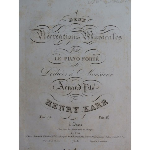 KARR Henry Deux Récréations Musicales op 94 Piano ca1820