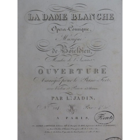 BOIELDIEU Adrien La Dame Blanche Ouverture Piano Violon Basse ca1825