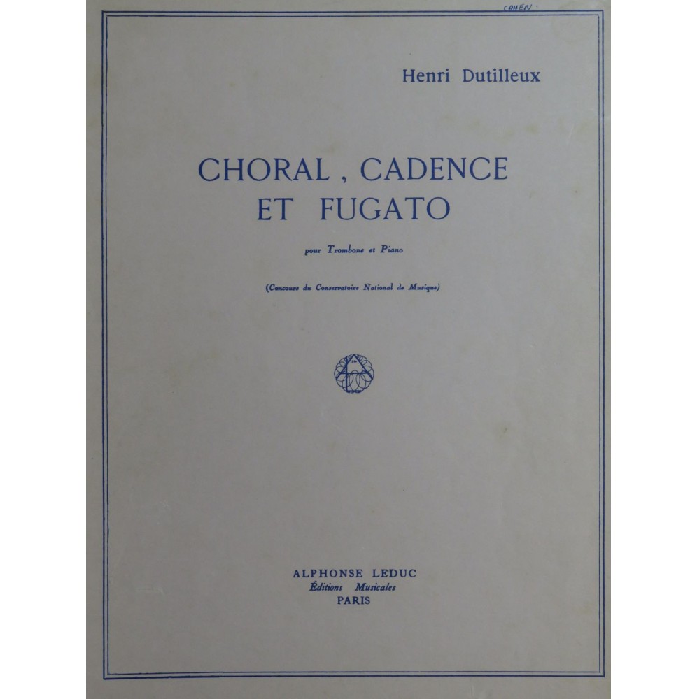 DUTILLEUX Henri Choral Cadence et Fugato Piano Trombone