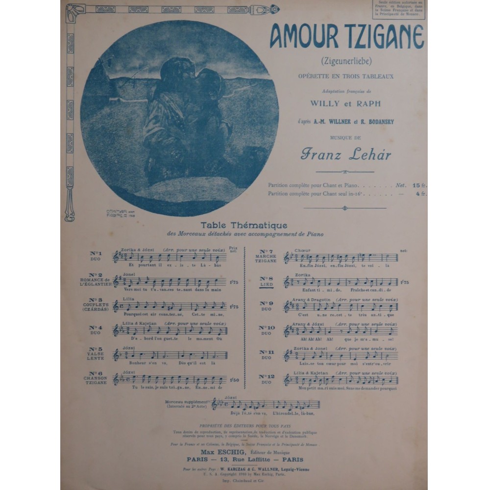 LEHAR Franz Amour Tzigane No 8 Chant Piano 1910