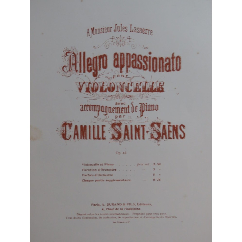 SAINT-SAËNS Camille Allegro appassionato Piano Violoncelle ca1900