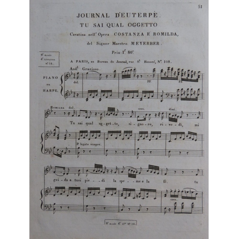 MEYERBEER G. Tu Sai Qual Oggetto Chant Piano ou Harpe ca1820
