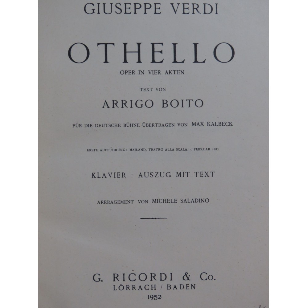 VERDI Giuseppe Othello en allemand Opéra Chant Piano 1952