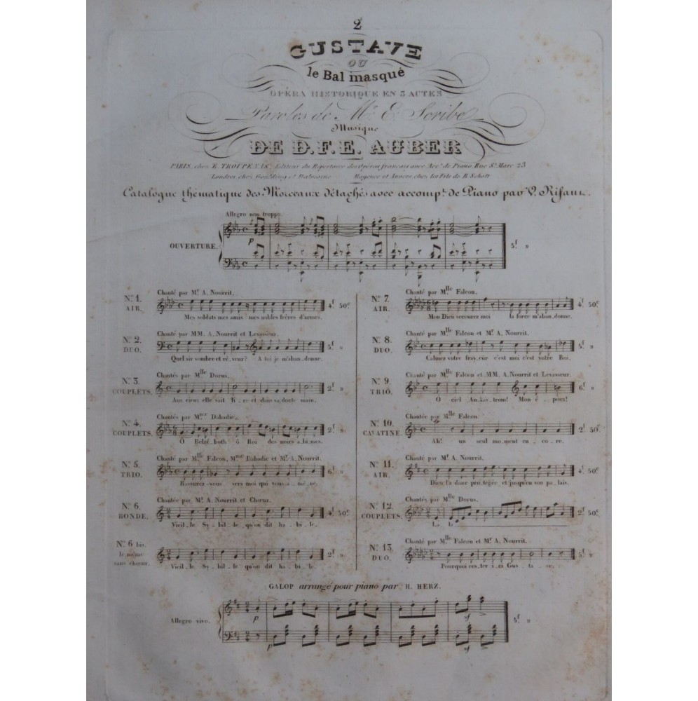 AUBER D. F. E. Gustave ou le Bal Masqué No 2 Chant Piano ca1833
