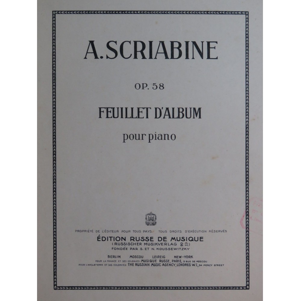 SCRIABINE Alexandre Feuillet d'Album op 58 Piano