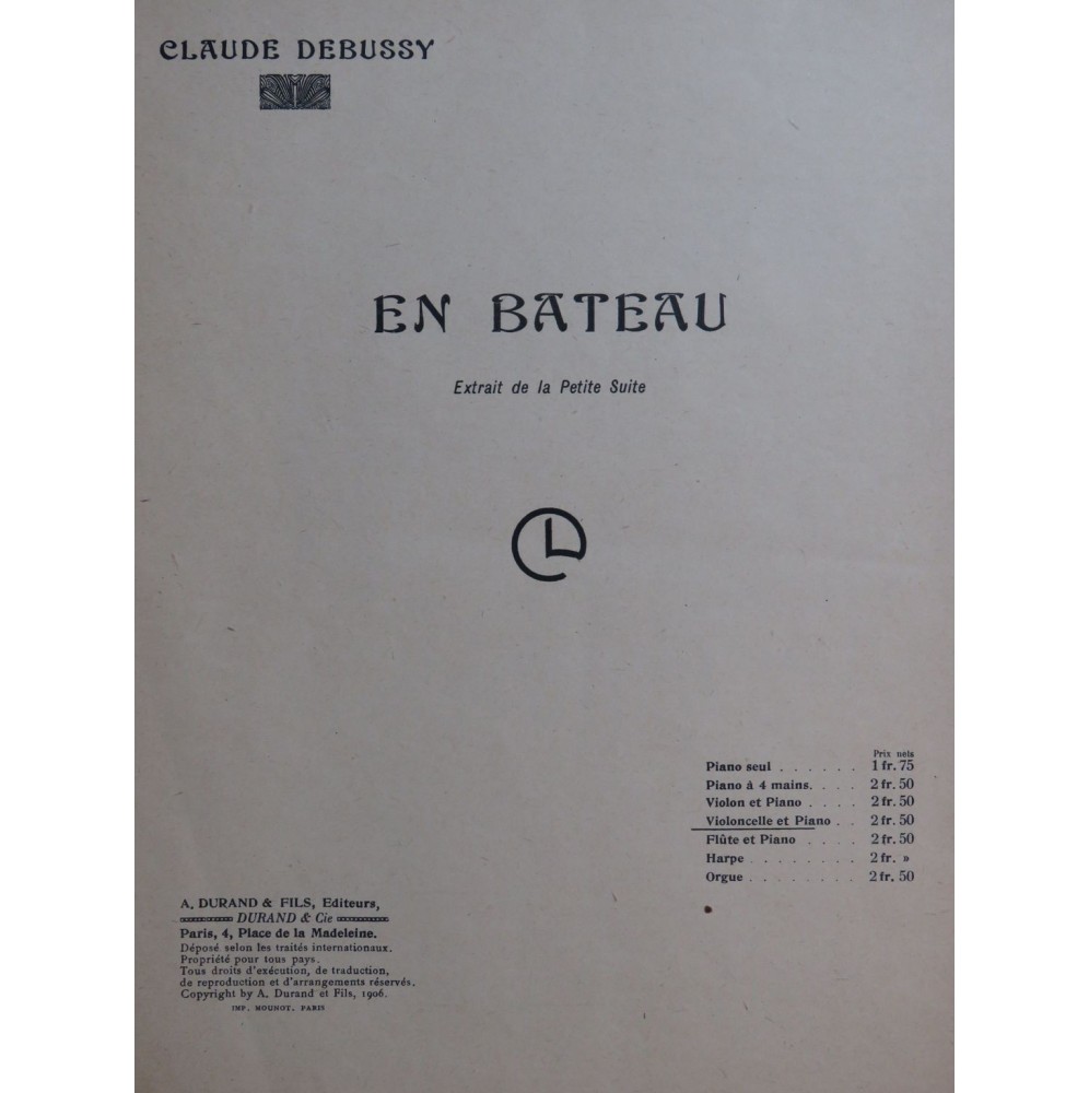 DEBUSSY Claude En Bateau Piano Violoncelle 1909