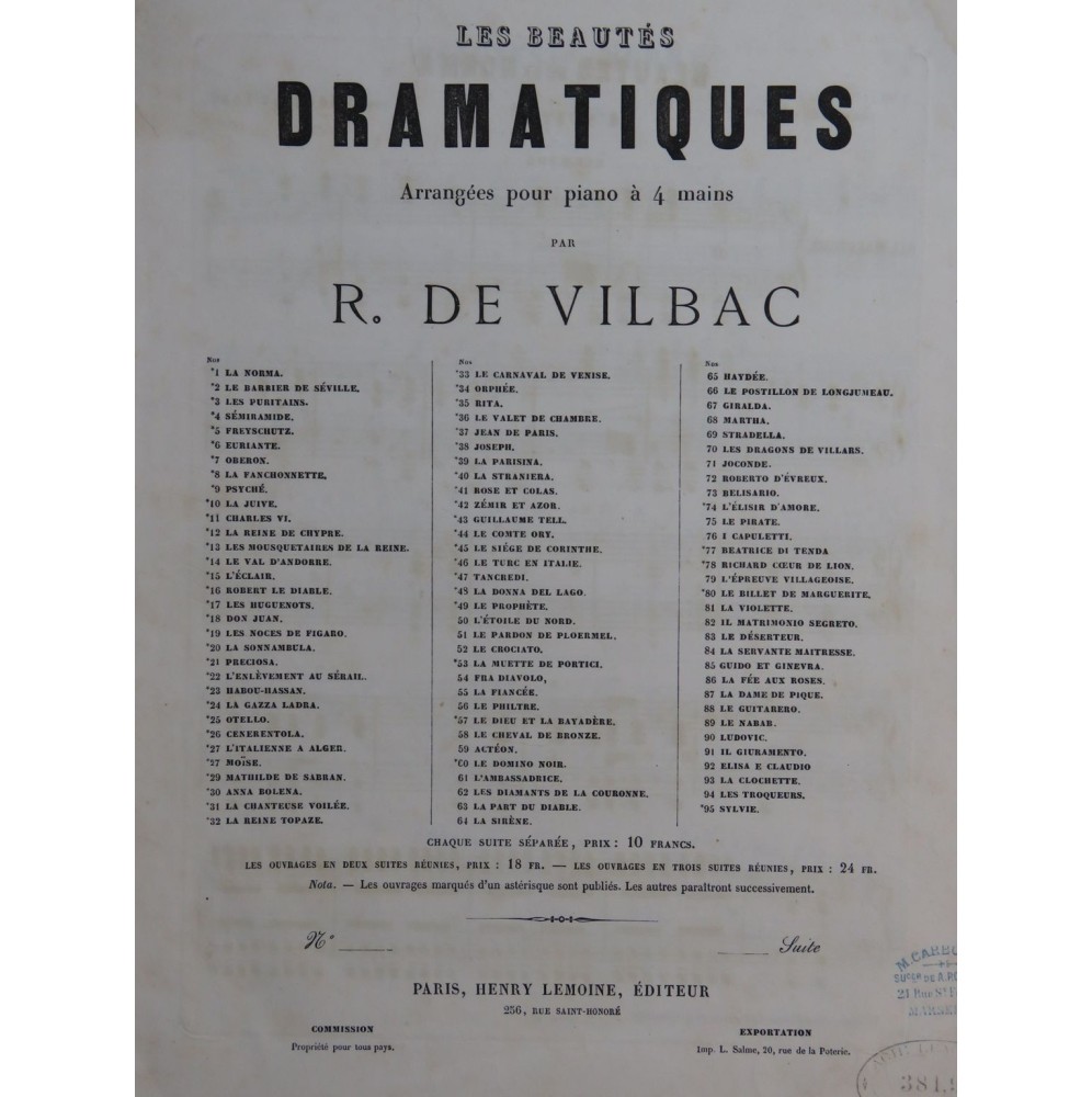 DE VILBAC Renaud Beautés de la Norma Suite No 1 Piano 4 mains ca1852
