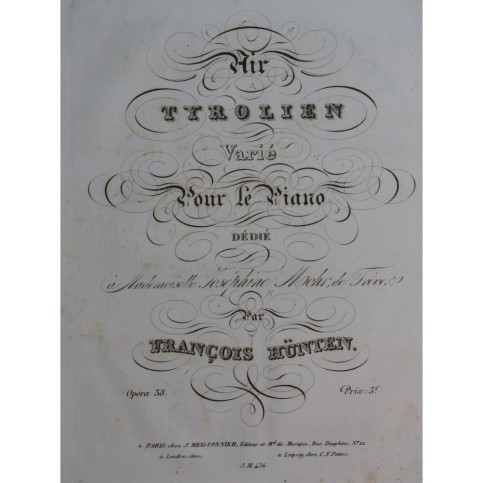HÜNTEN François Air Tyrolien op 38 Piano ca1830