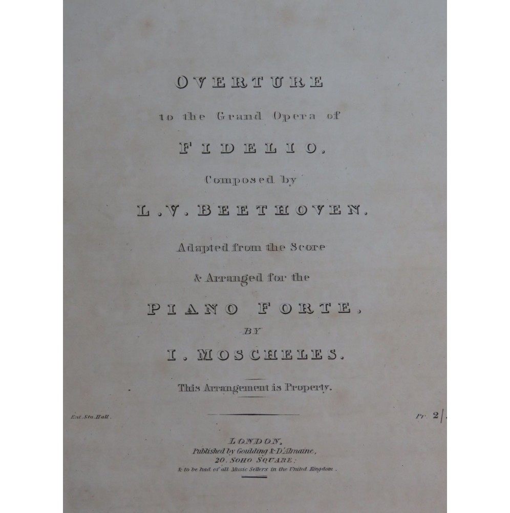 MOSCHELES Ignace Overture Fidelio Beethoven Piano ca1830