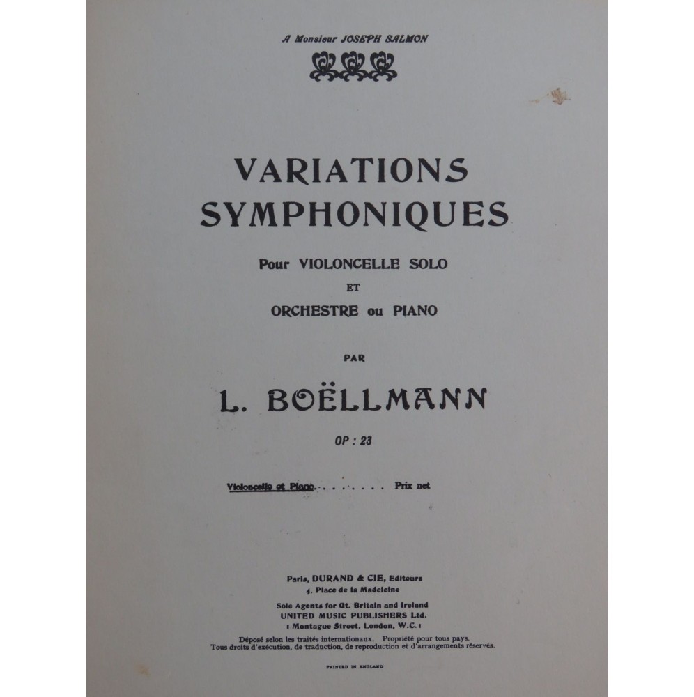 BOËLLMANN Léon Variations Symphoniques Piano Violoncelle