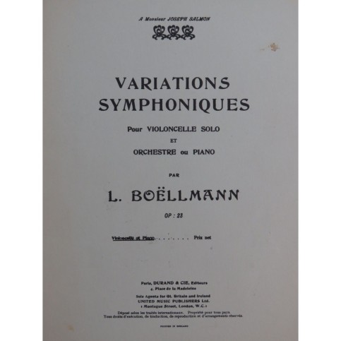BOËLLMANN Léon Variations Symphoniques Piano Violoncelle