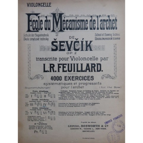 SEVCIK Otakar École du Mécanisme de l'Archet Cahier IV Violoncelle 1905