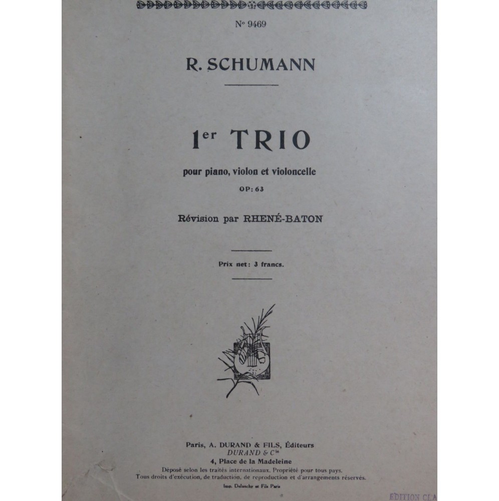 SCHUMANN Robert Trio op 63 Piano Violon Violoncelle ca1917