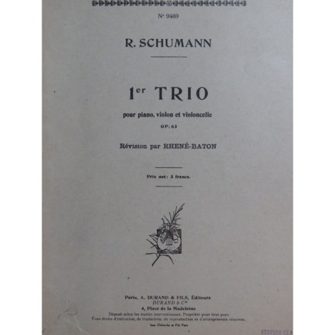 SCHUMANN Robert Trio op 63 Piano Violon Violoncelle ca1917