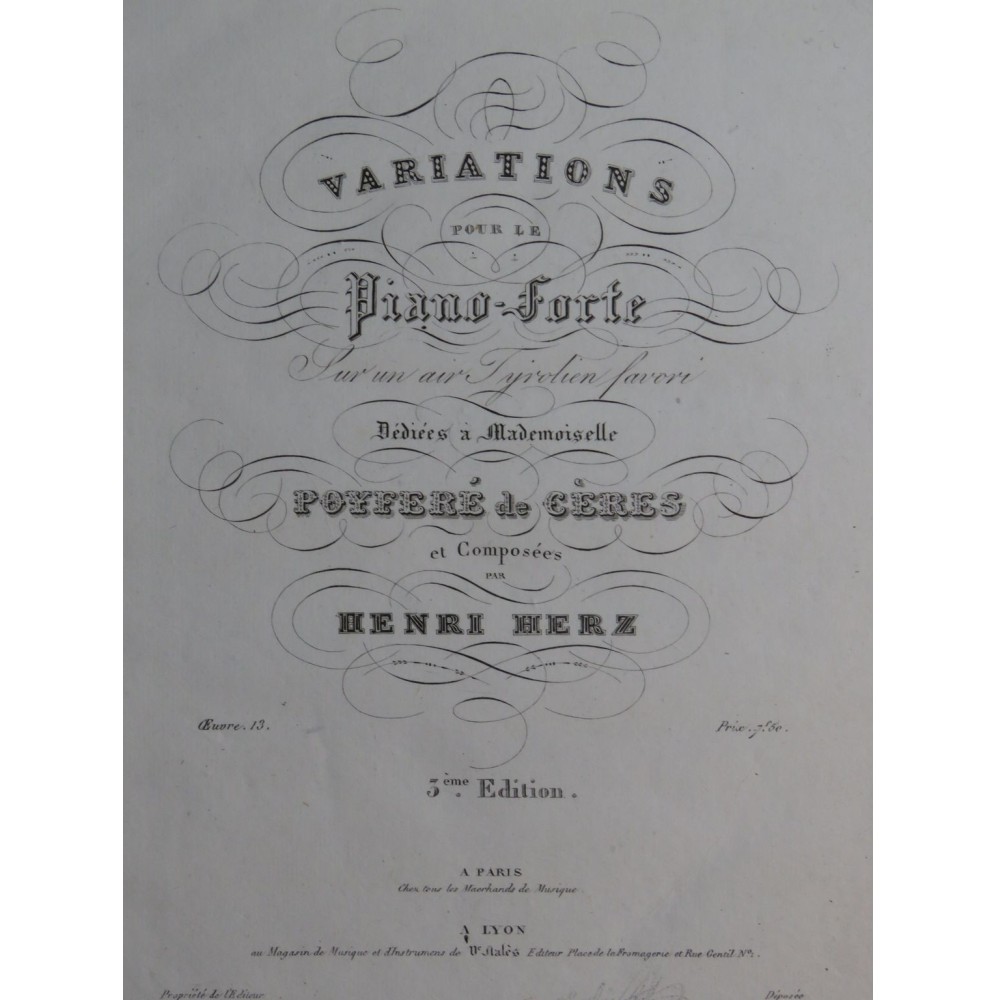 HERZ Henri Variations sur un Air Tyrolien op 13 Piano ca1840