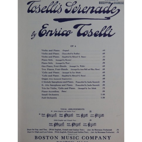 TOSELLI Enrico Serenade op 6 Chant Piano 1923