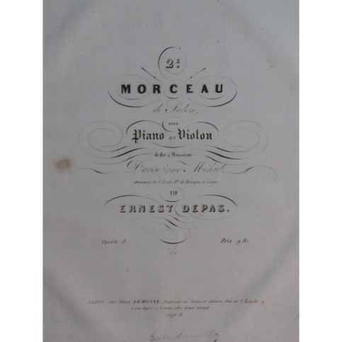 DEPAS Ernest Morceau No 2 op 8 Piano Violon ca1845
