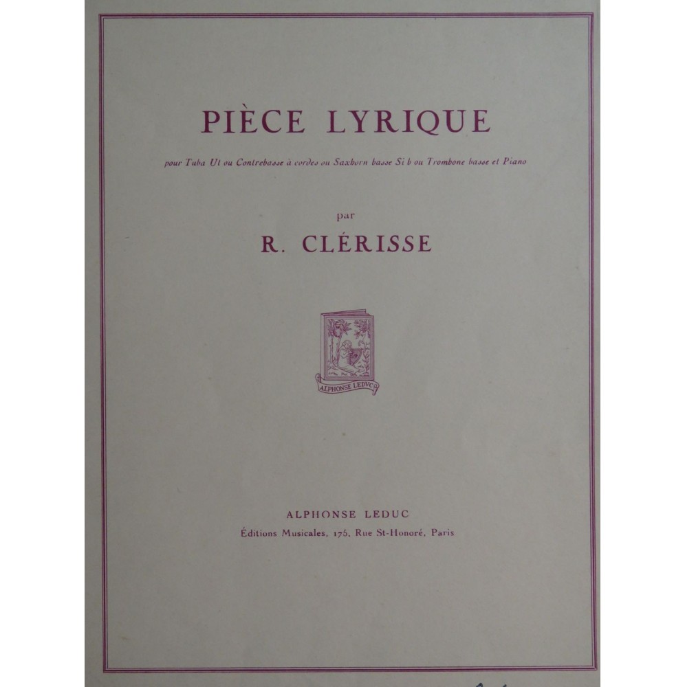 CLÉRISSE Robert Pièce Lyrique Piano Tuba ou Contrebasse ou Trombone 1957
